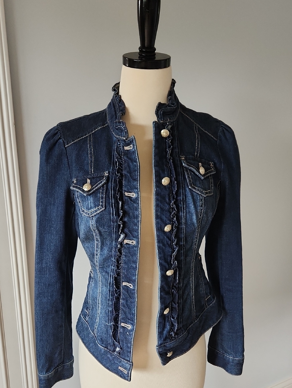 WHBM Denim Puff Sleeve Ruffle Jacket